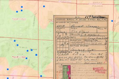 A partial image of a drilling log with a map in the background