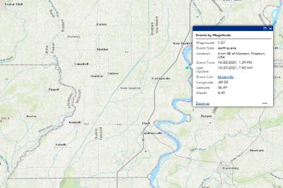 A map with a pop-up of earthquake data displayed